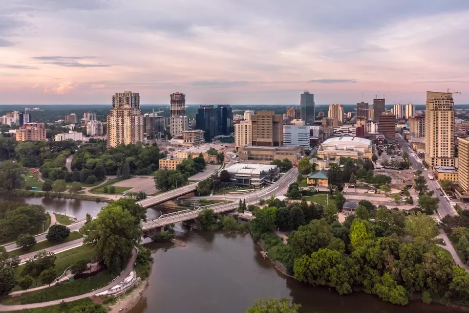 Aerial view of London, Ontario with river in foreground.